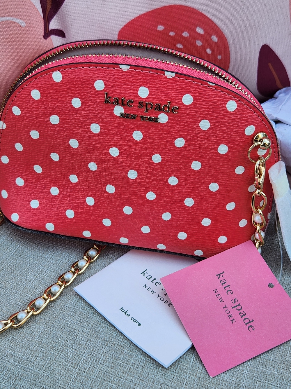 Kate Spade Coral & White Polka Dot Cosmetic Bag Upcycled Crossbody w. Chain NWT - Picture 14 of 16